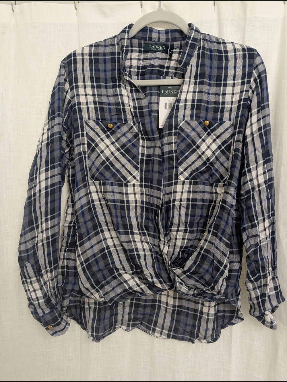 NWT Lauren Ralph Lauren Plaid Wrap Front Button Sleeve Blouse Large